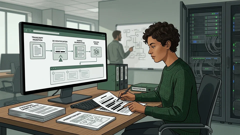A woman with curly hair and a green sweater works in an office, reviewing a data preparation workflow for AI on a computer monitor, with papers on the desk and servers in the background.